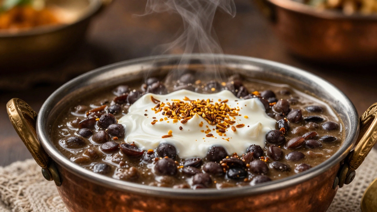 A creamy bowl of Dal Makhani topped with melted ghee and fried spices