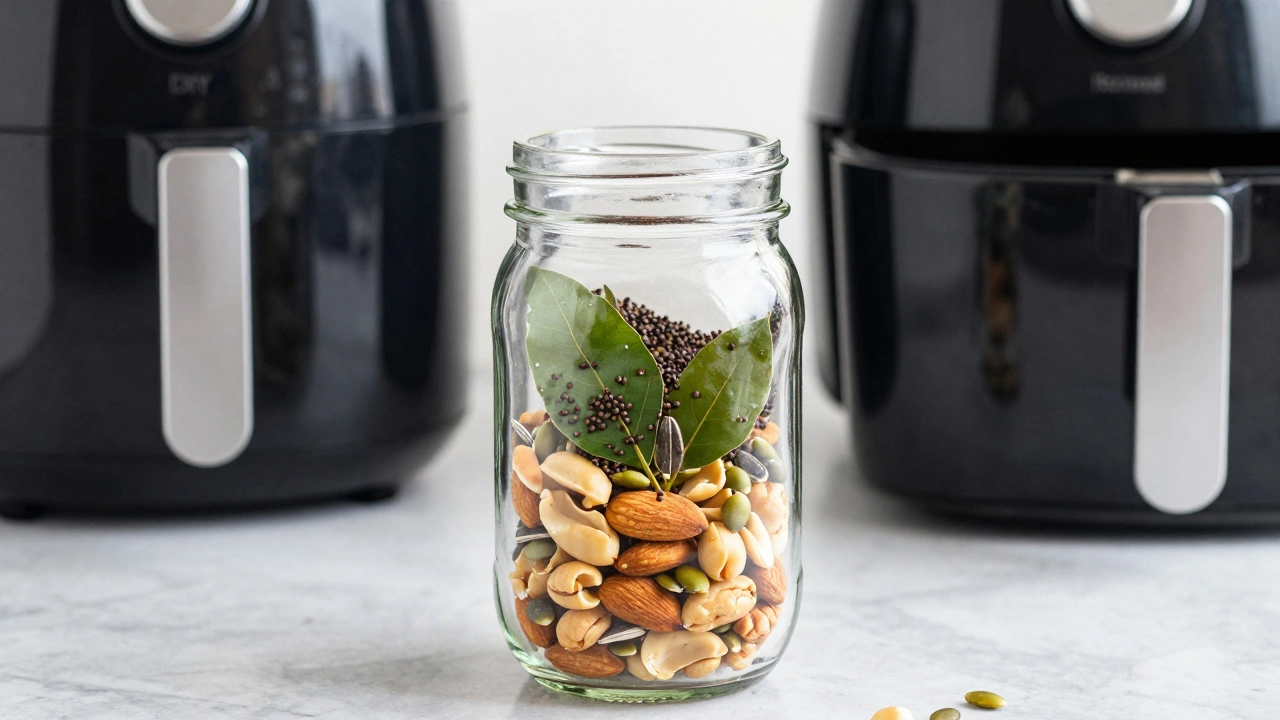 A glass jar of roasted nut and seed mix with curry leaves next to an air fryer.