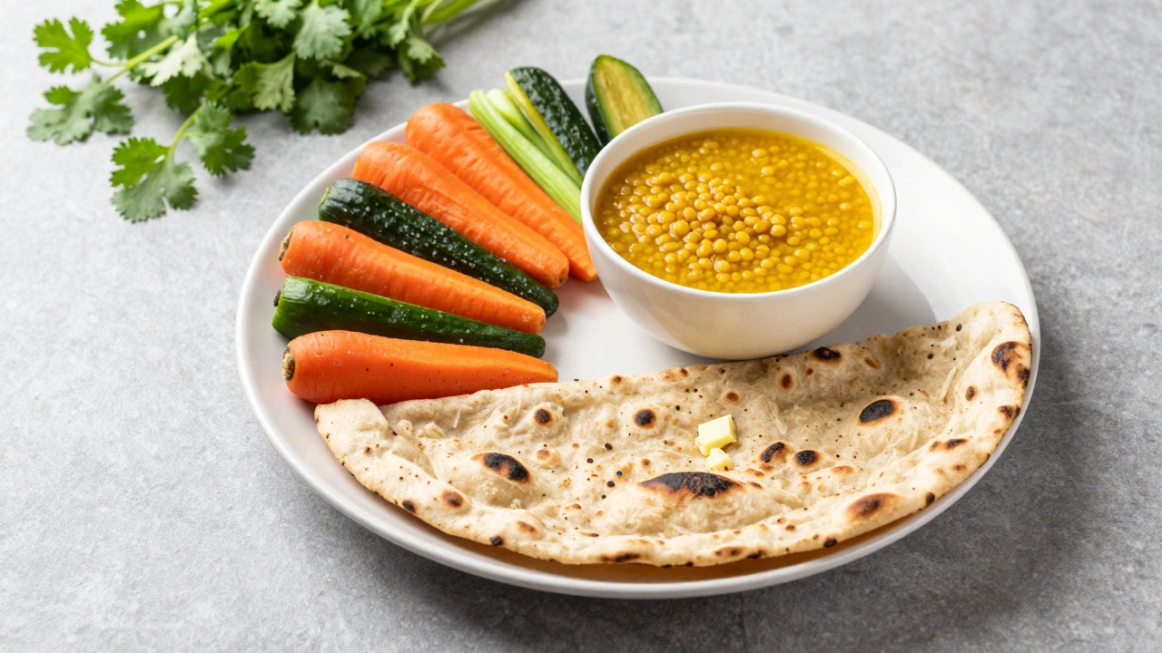 A healthy Indian meal featuring whole wheat tandoori roti, missi roti, lentils, and steamed vegetables.