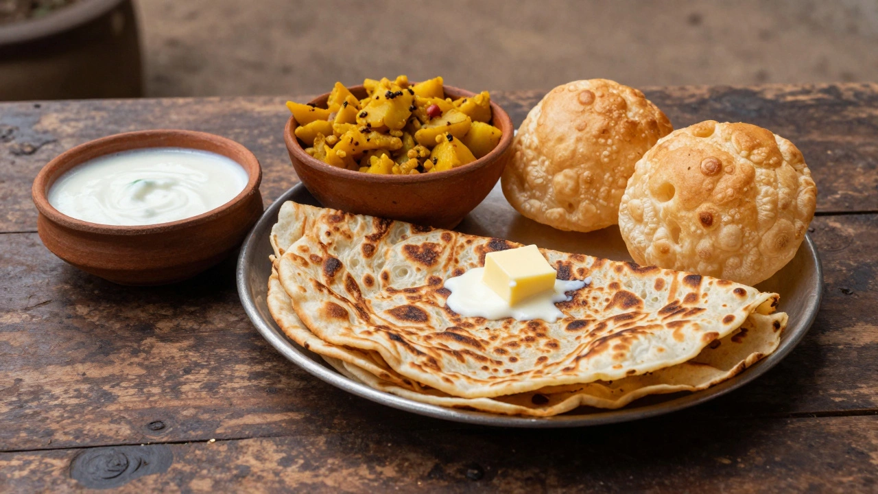 Aloo Paratha with melting butter and puffed Poories with potato curry on a wooden table