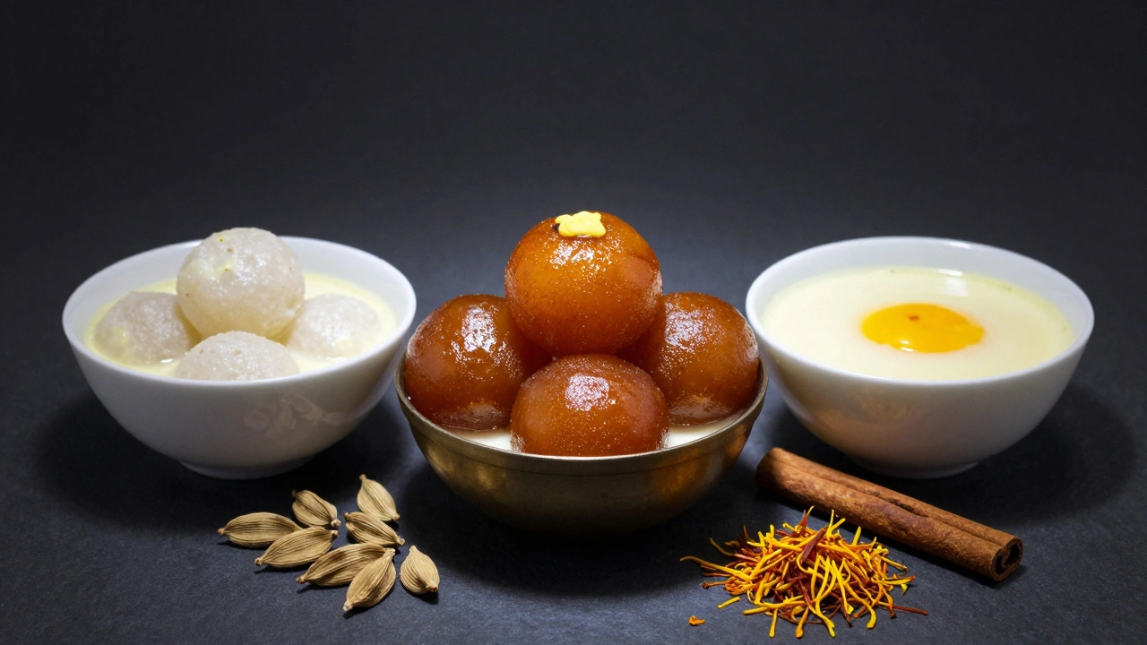 Artistic arrangement of Gulab Jamun and Rasmalai with cardamom and saffron on a dark background.