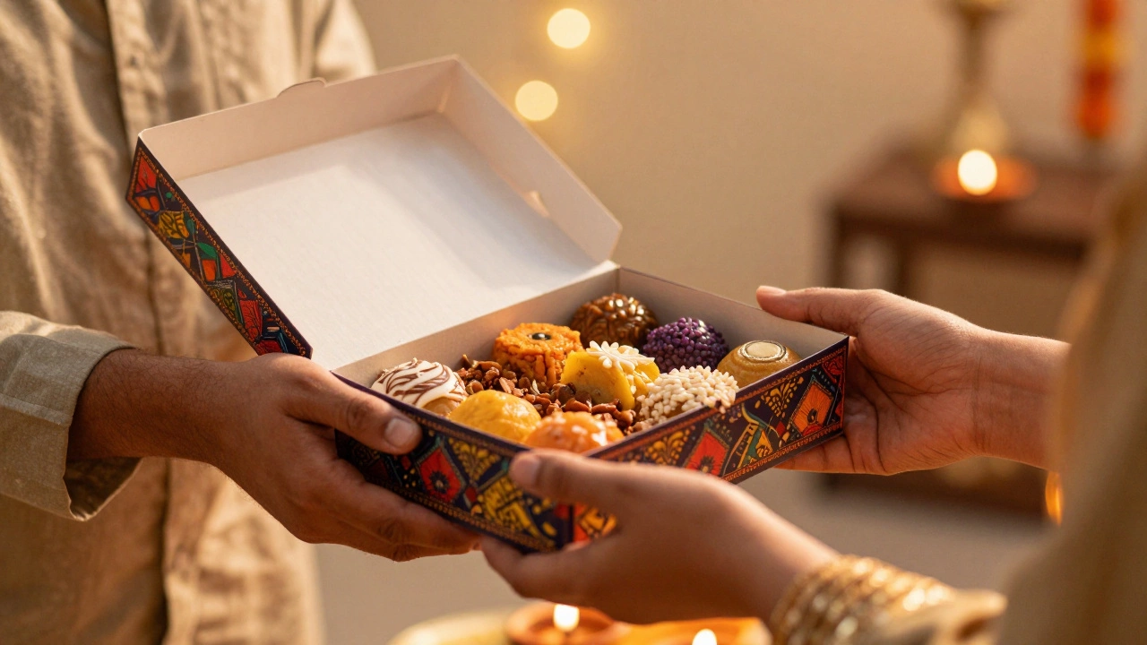 Close-up of a colorful box of mithai being given as a gift during a festive celebration.