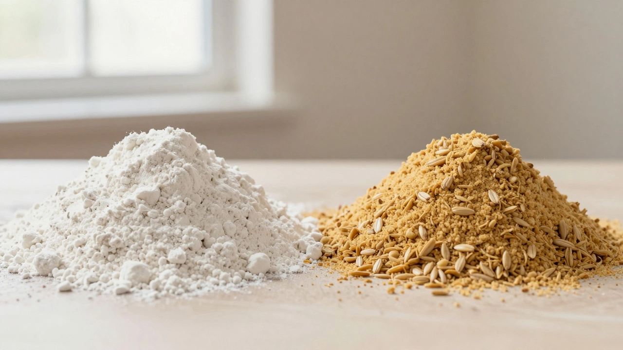 Comparison between bleached white refined flour and textured golden-brown whole wheat flour.