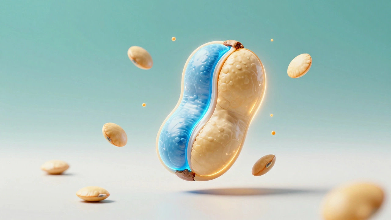 Conceptual 3D image of a lentil split into protein and complex carbohydrate energy glows.