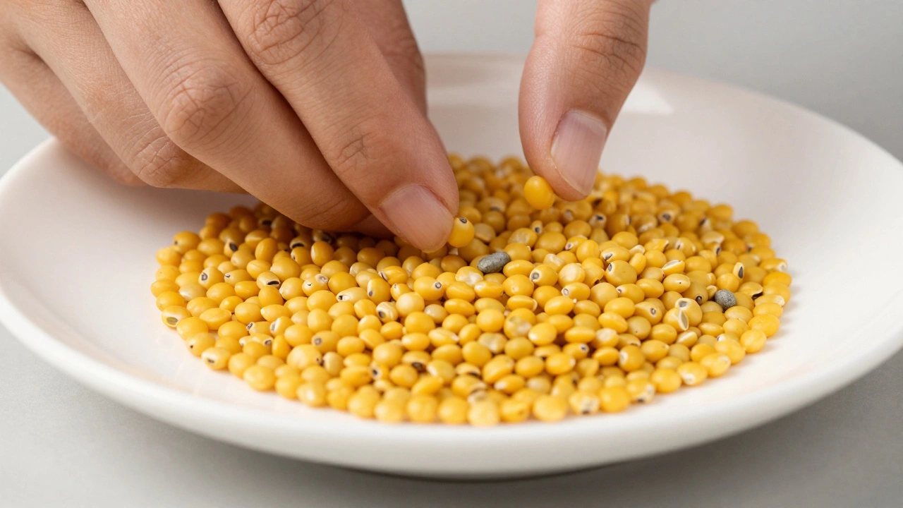 Hands sorting through yellow lentils on a white plate to find a small stone