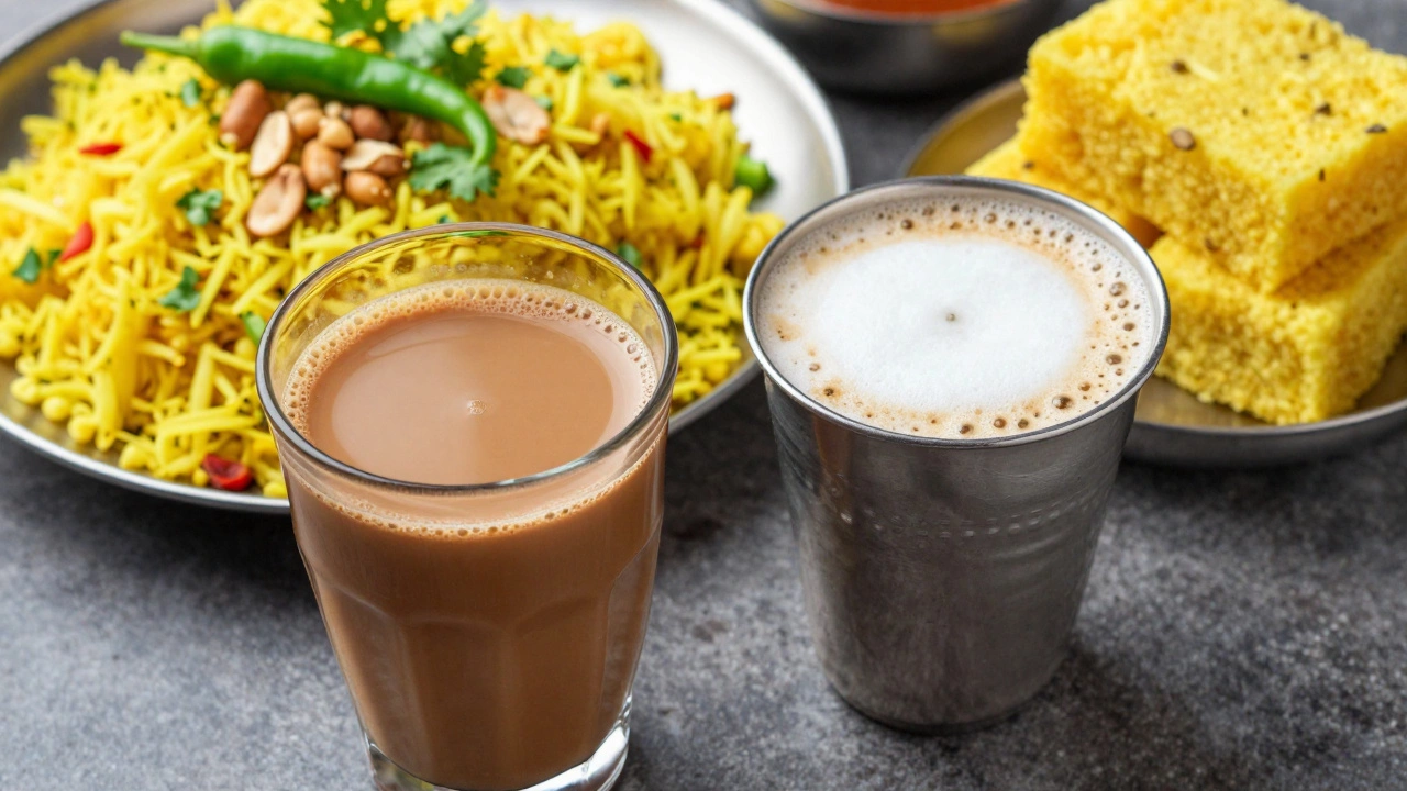 Masala Chai and Filter Coffee paired with yellow Poha and spongy Dhokla