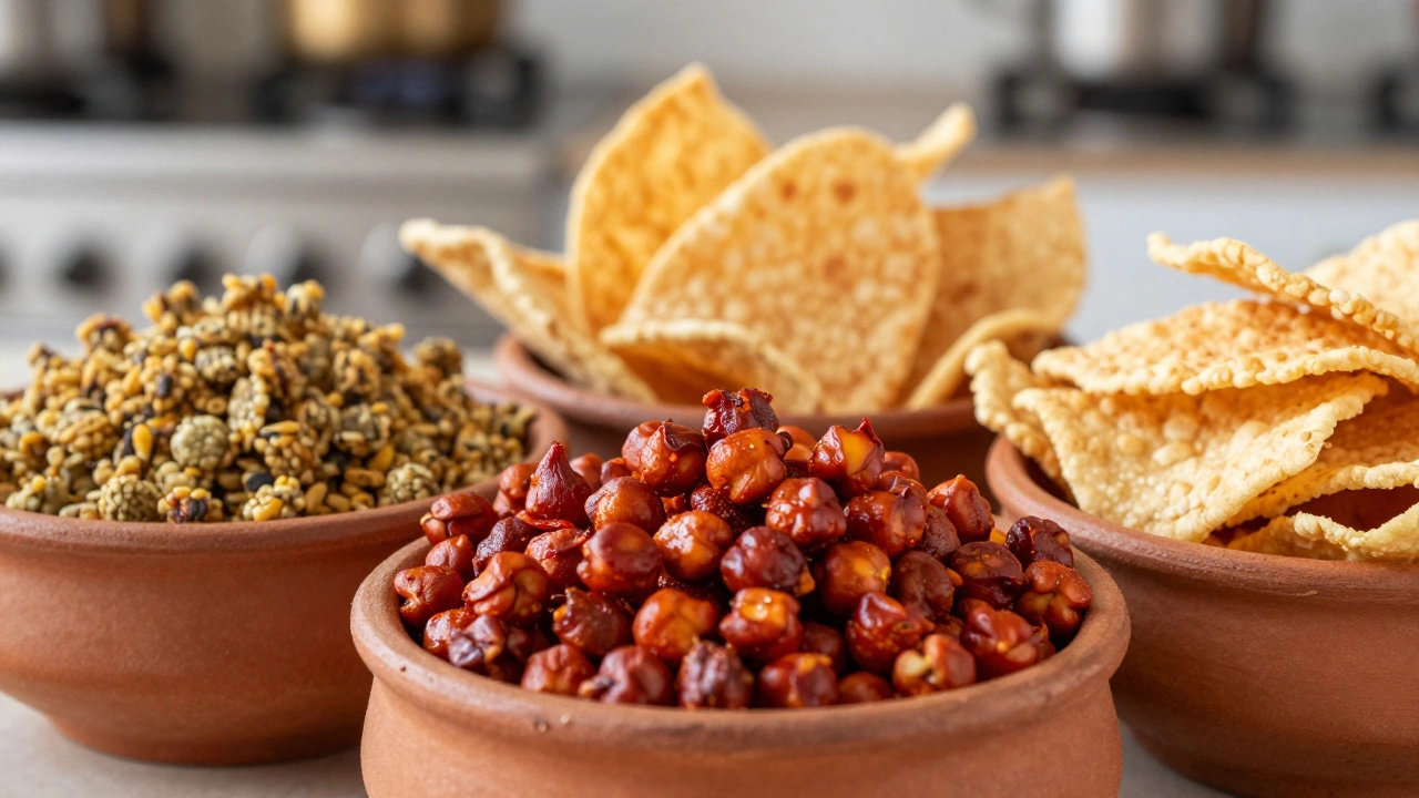Terracotta bowls filled with spicy roasted chana, baked papad, and multigrain khakhra.