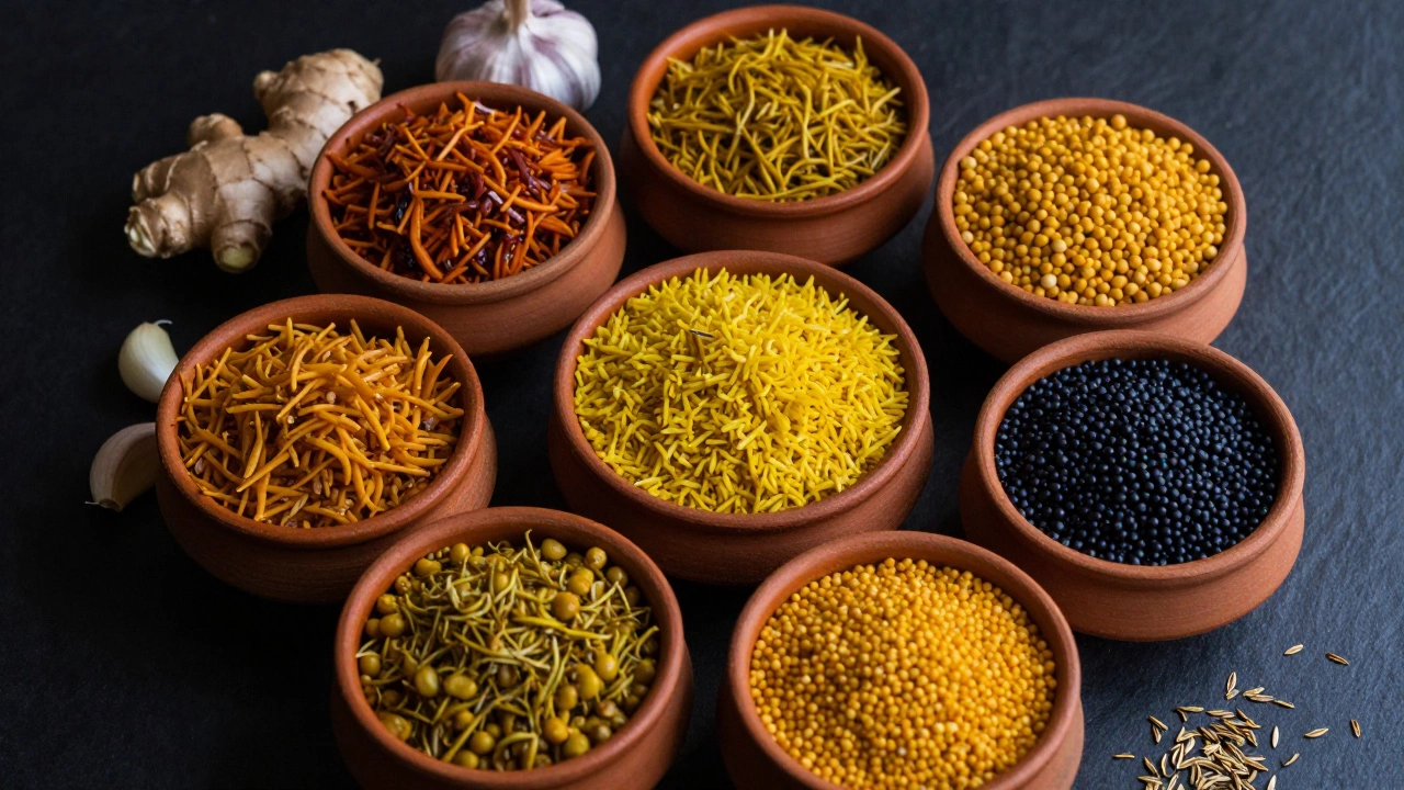 Top-down view of various types of colorful Indian dals in terracotta bowls with spices.