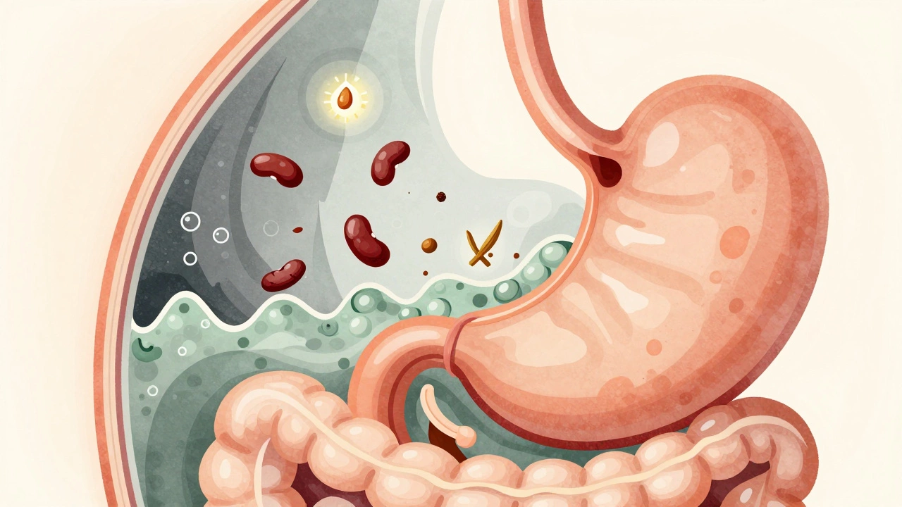 Abstract illustration showing smooth digestion of lentils versus gas from heavy beans