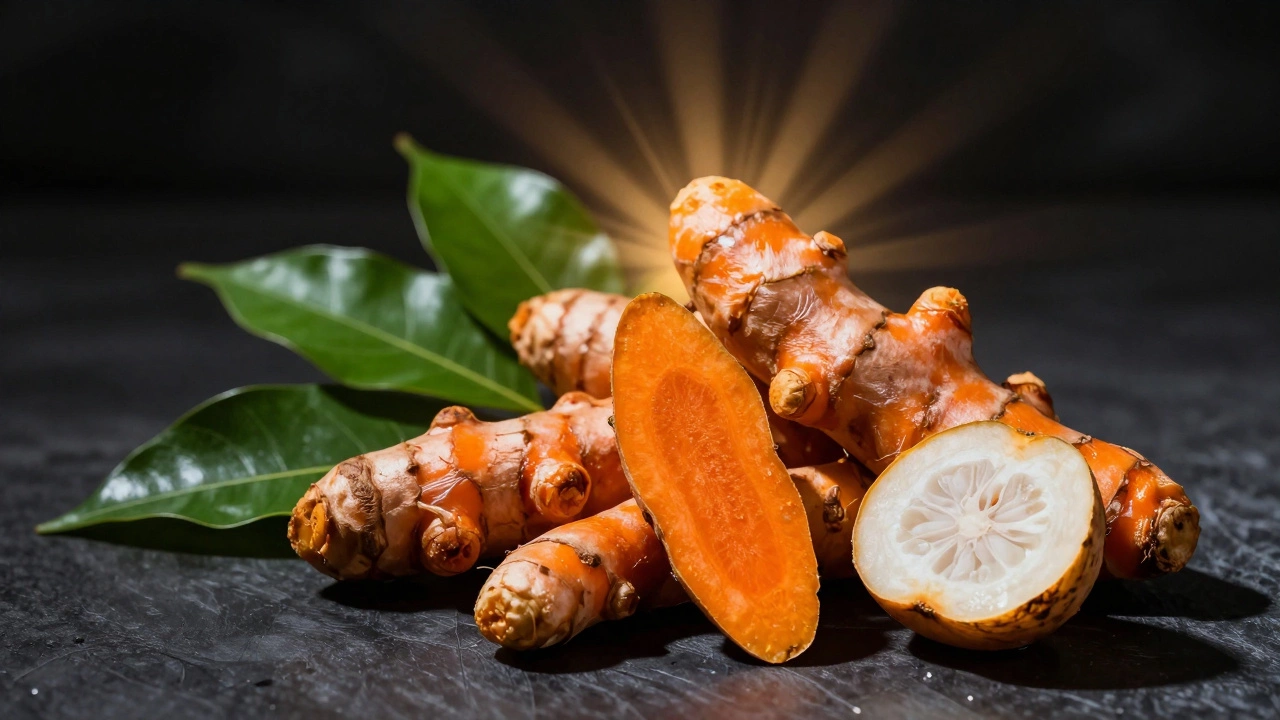 Artistic close-up of turmeric, curry leaves, and amla with dramatic lighting