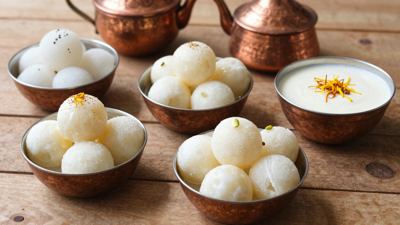 Assortment of Indian desserts including Rasgulla and Kheer