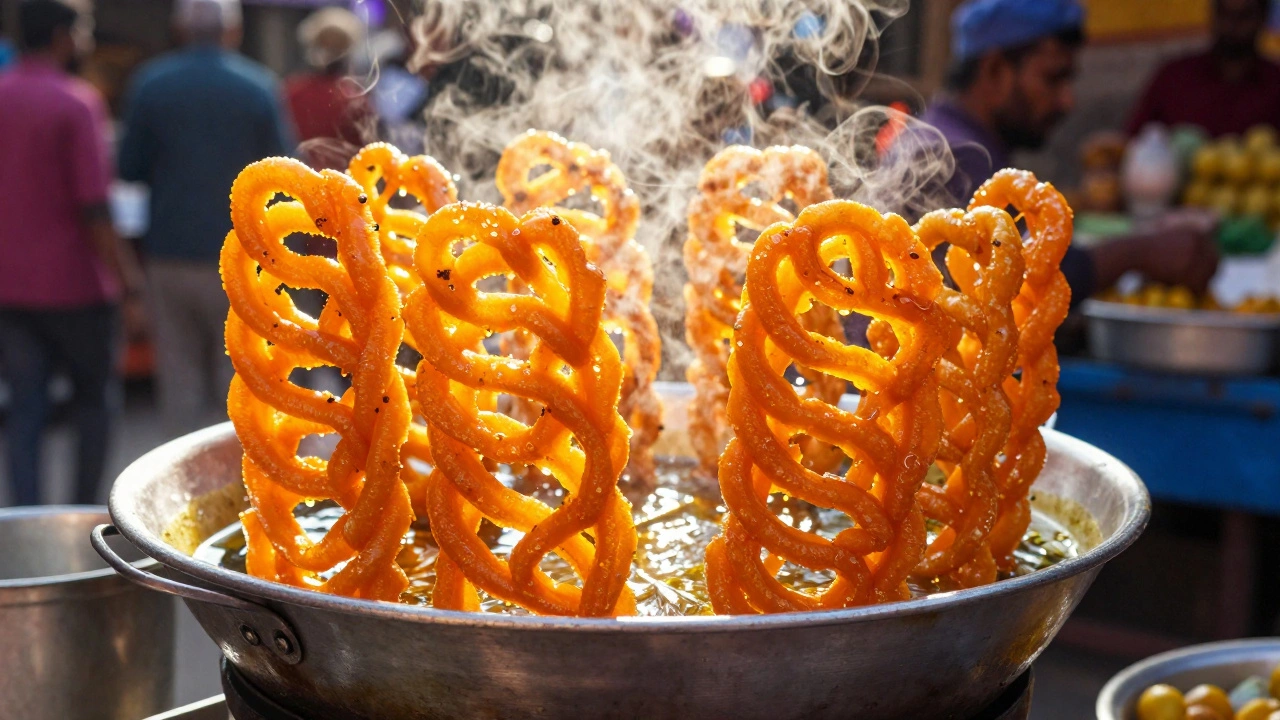 Bright orange Jalebi being fried at a street stall