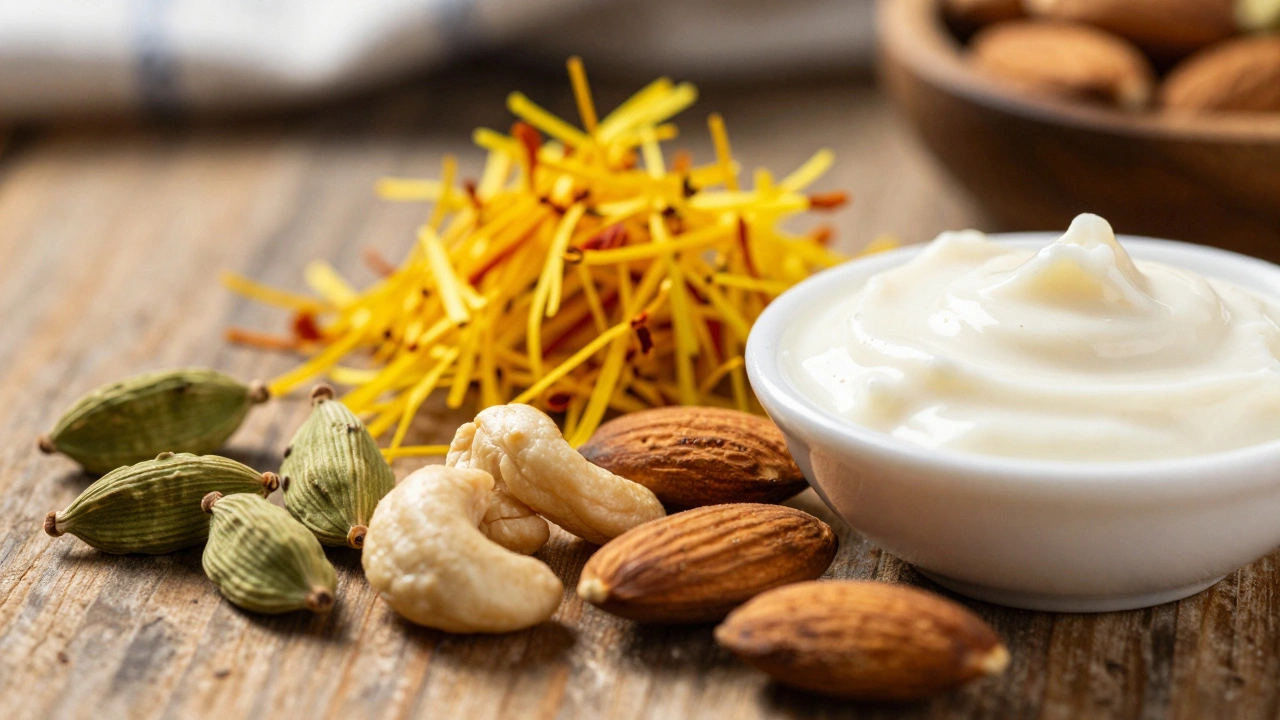 Cardamom, saffron, nuts, and milk solids arranged as ingredients for Indian mithai.