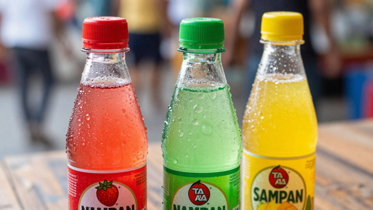 Close-up of colorful, condensation-covered plastic bottles of Indian street soda with red, green, and yellow caps.