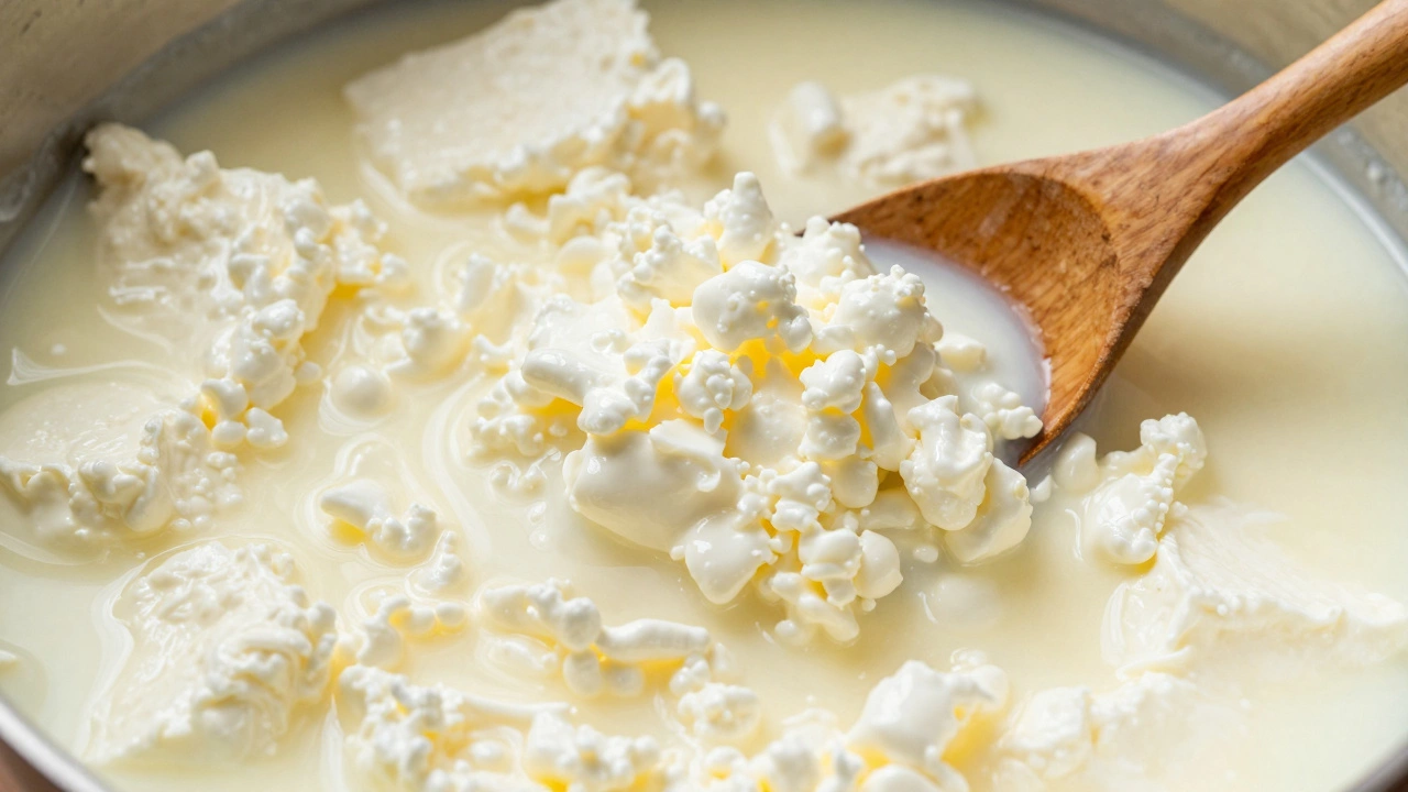 Close-up of white paneer curds separating from clear greenish whey in a pan.
