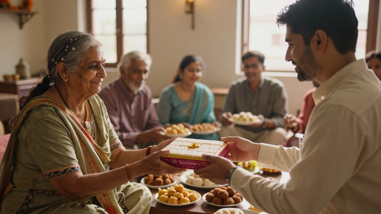 Family members exchanging boxes of traditional Indian sweets during a celebration.