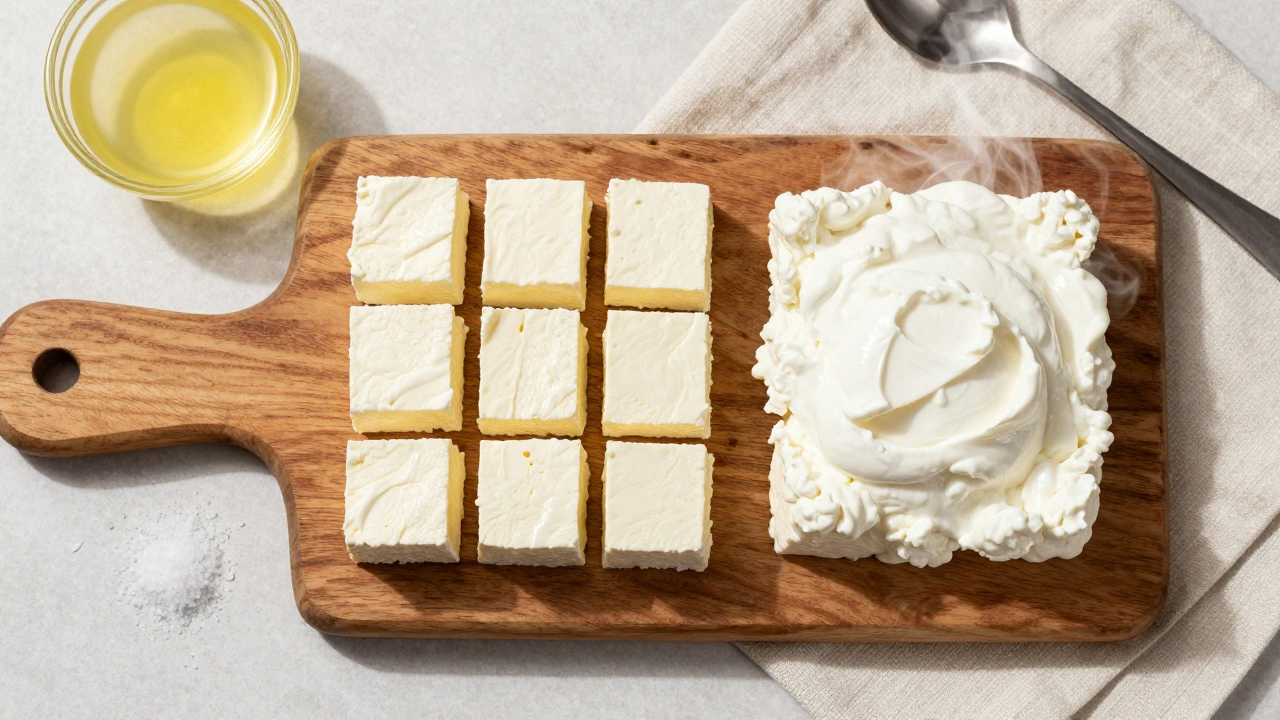 Fresh homemade paneer cubes on a wooden board