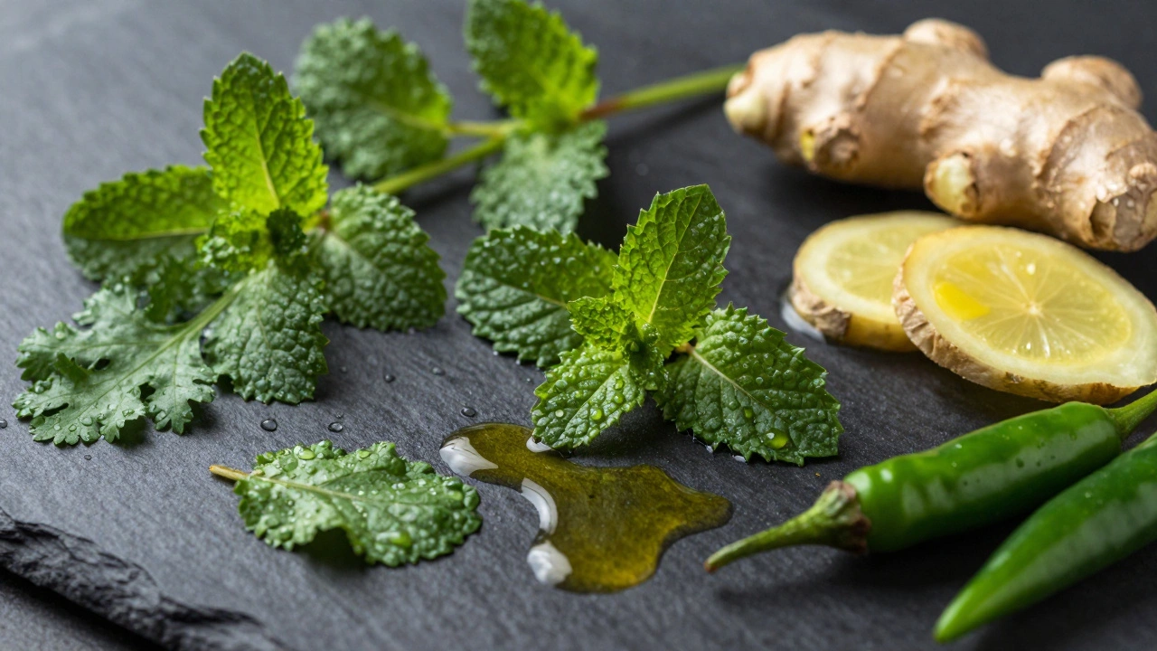 Fresh mint, ginger, and chili ingredients on slate representing digestive health