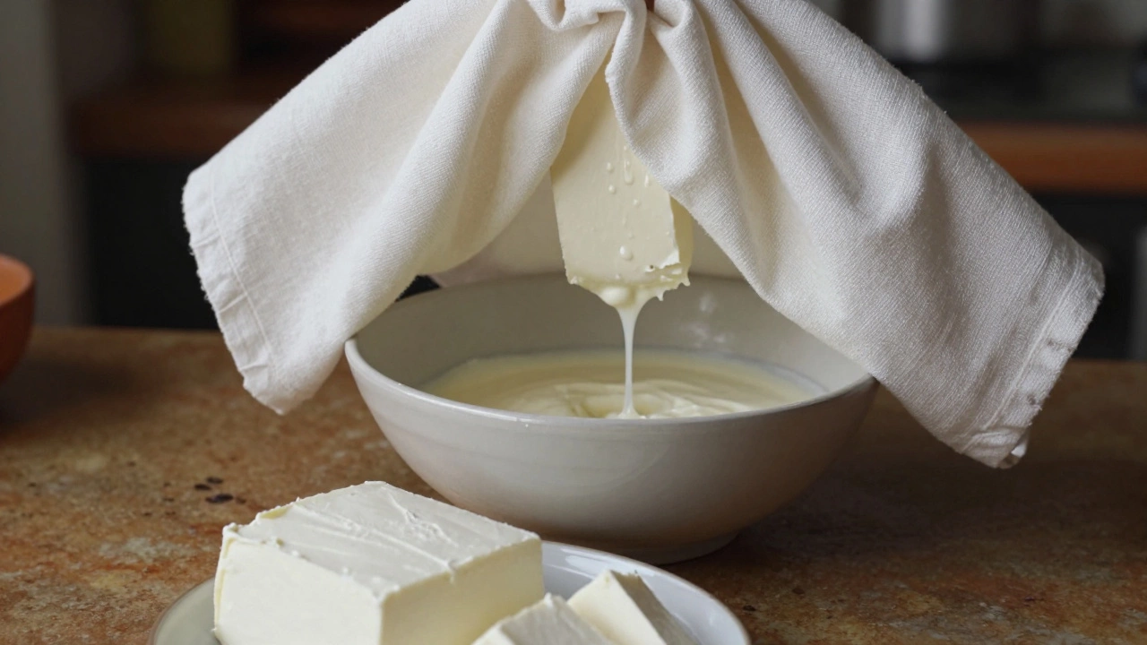 Fresh paneer wrapped in muslin cloth hanging to drain over a bowl in a kitchen.
