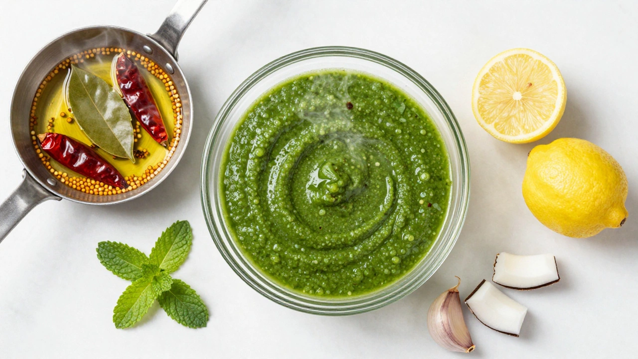 Green chutney being tempered with mustard seeds and curry leaves in oil