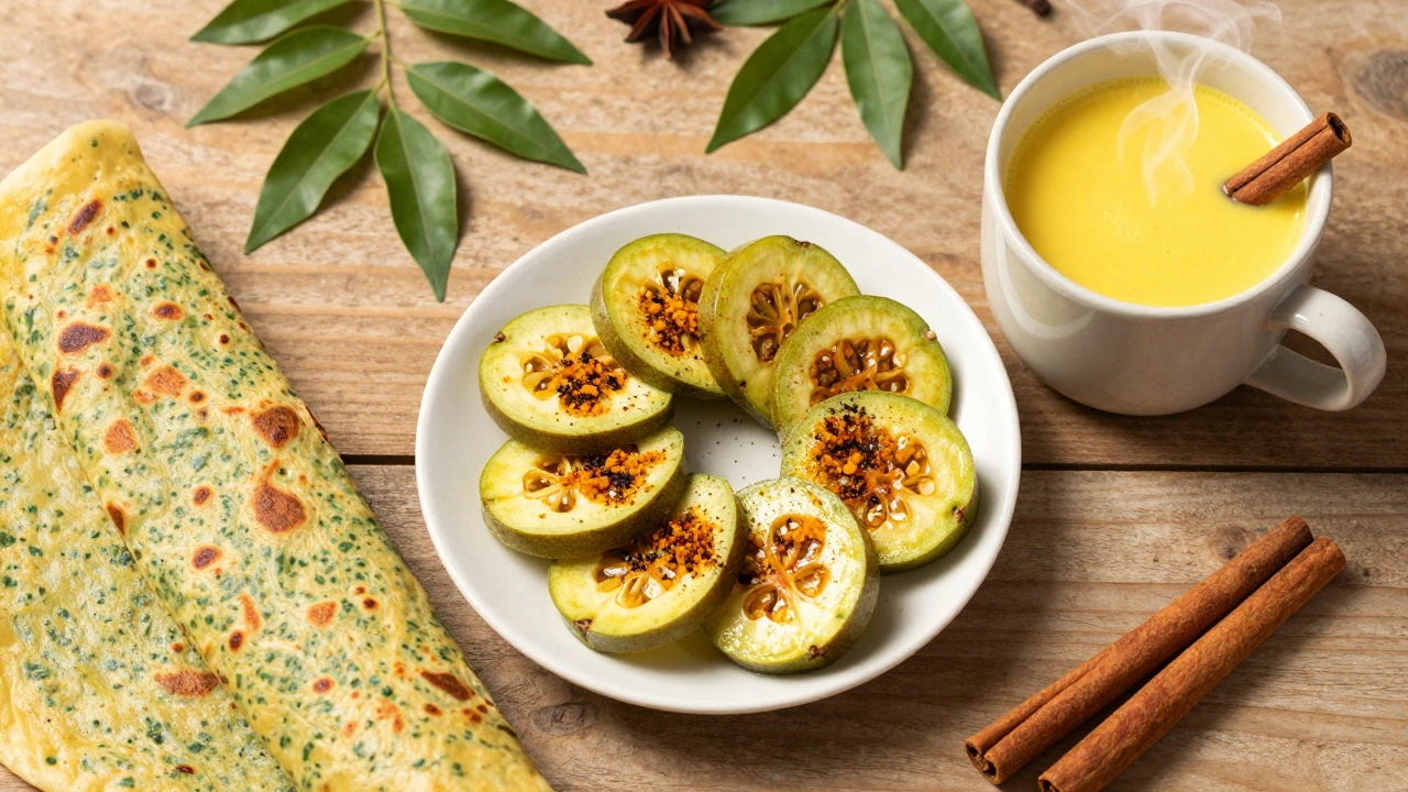 Healthy Indian snacks including amla chaat, turmeric latte, and moringa paratha
