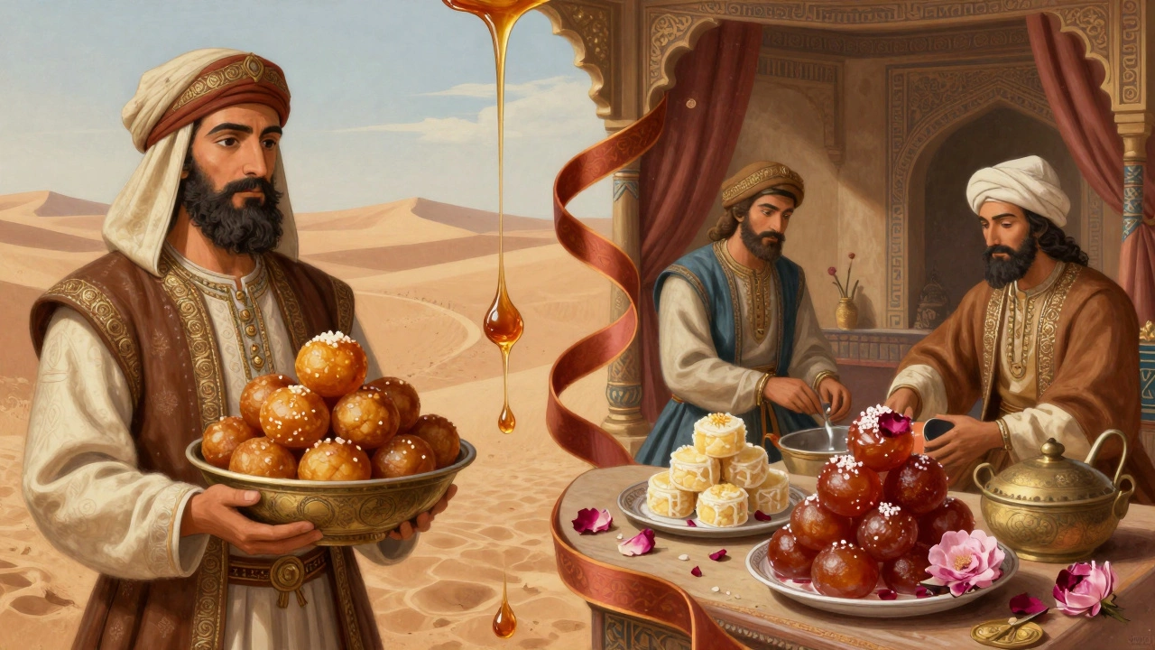Historical illustration showing Persian origins and Mughal refinement of sweets