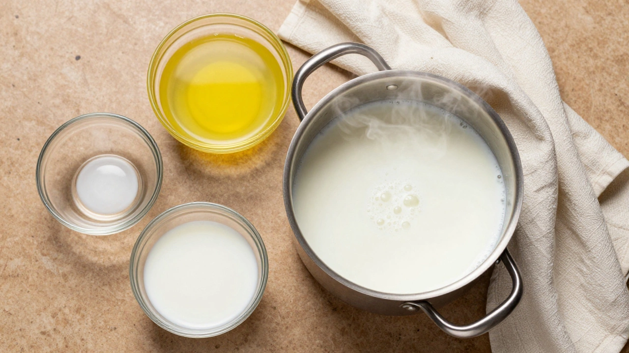 Ingredients for making paneer: boiling milk, lemon juice, and cloth