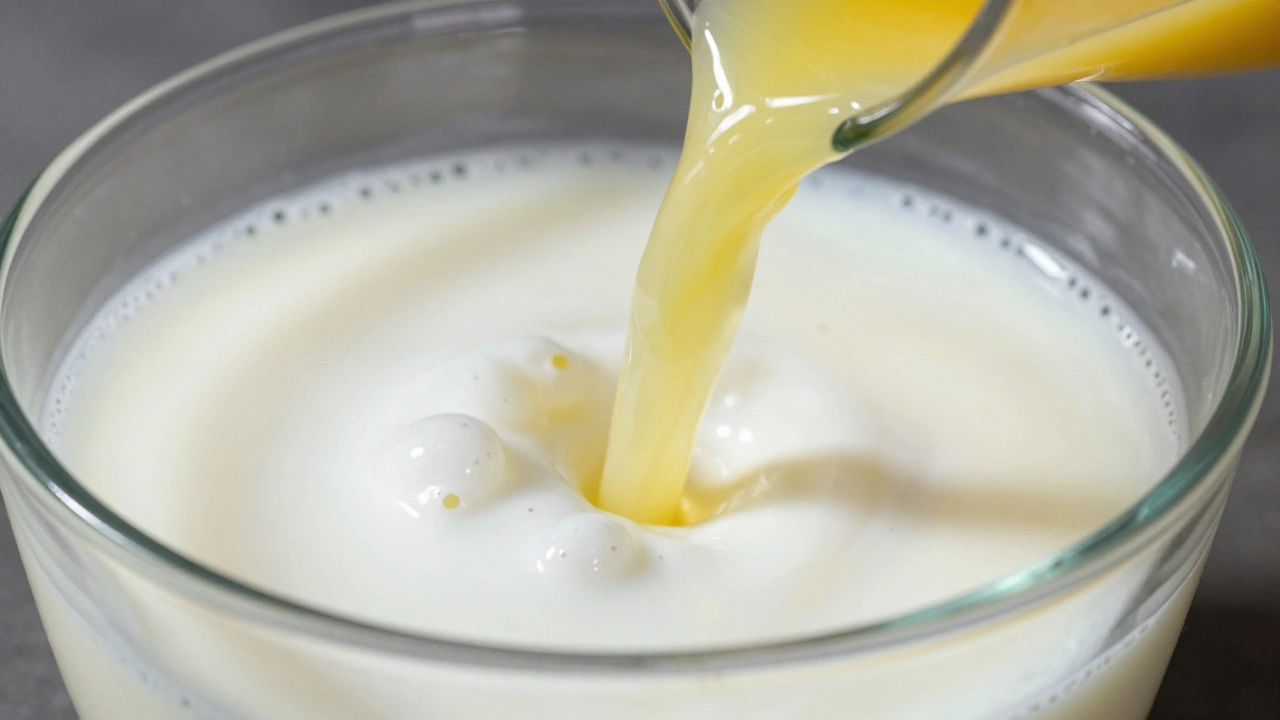 Lemon juice being poured into milk causing curdling