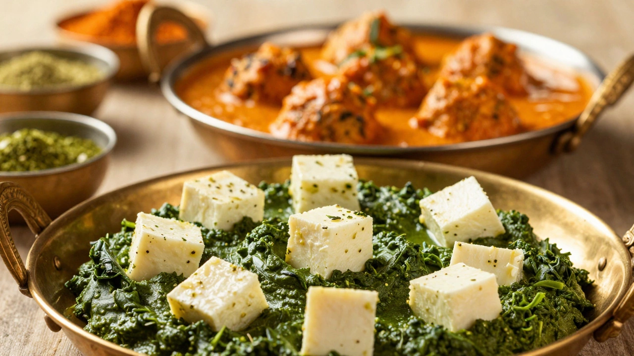 Palak Paneer with firm cubes and creamy Malai Kofta curry