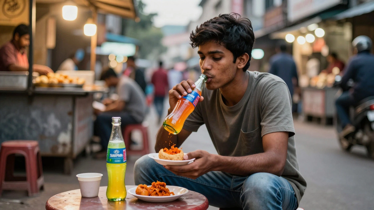 Person enjoying spicy Pani Puri snack and drinking Tata Sampan soda at a roadside stall in India.