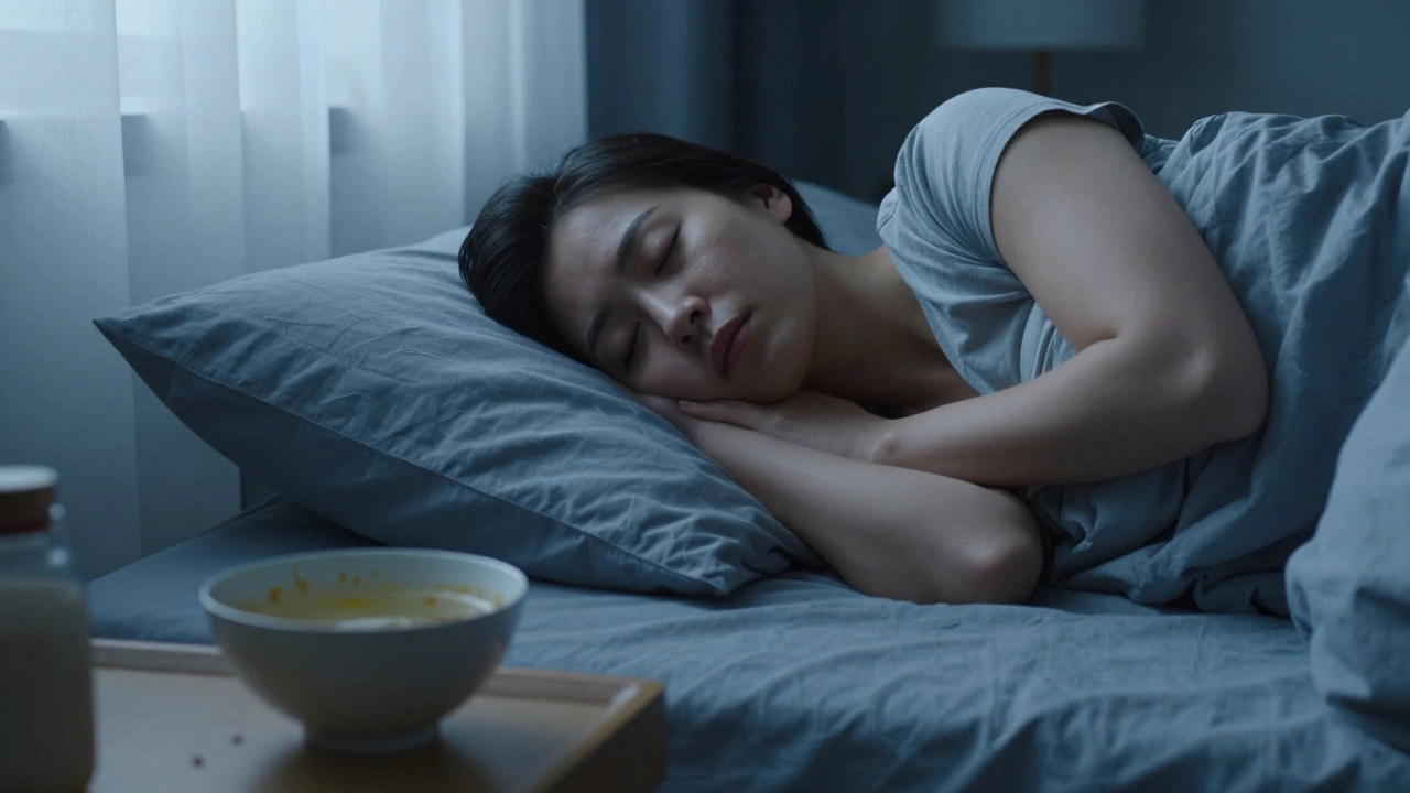 Person sleeping peacefully in a dim blue room with a light soup bowl on the nightstand