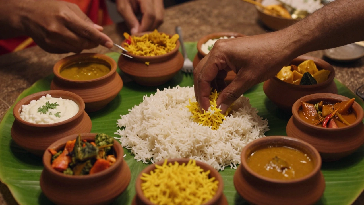 South Indian Sadhya dinner feast served on a banana leaf with rice and curries.