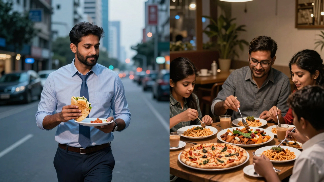 Urban Indian professionals eating quick snacks versus families enjoying modern dinners.