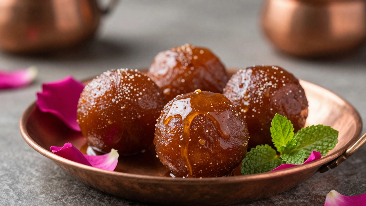 Close-up of syrup-soaked Gulab Jamun on a copper plate with rose petals