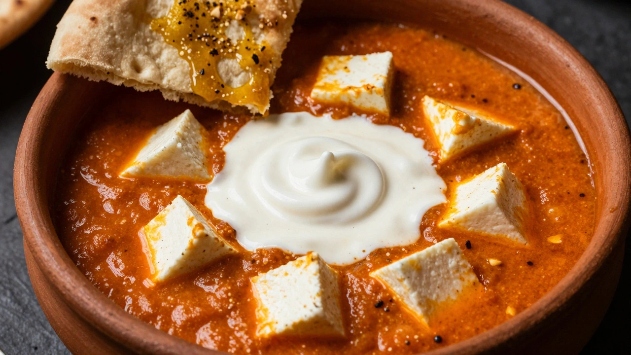 Creamy paneer butter masala curry with garlic naan