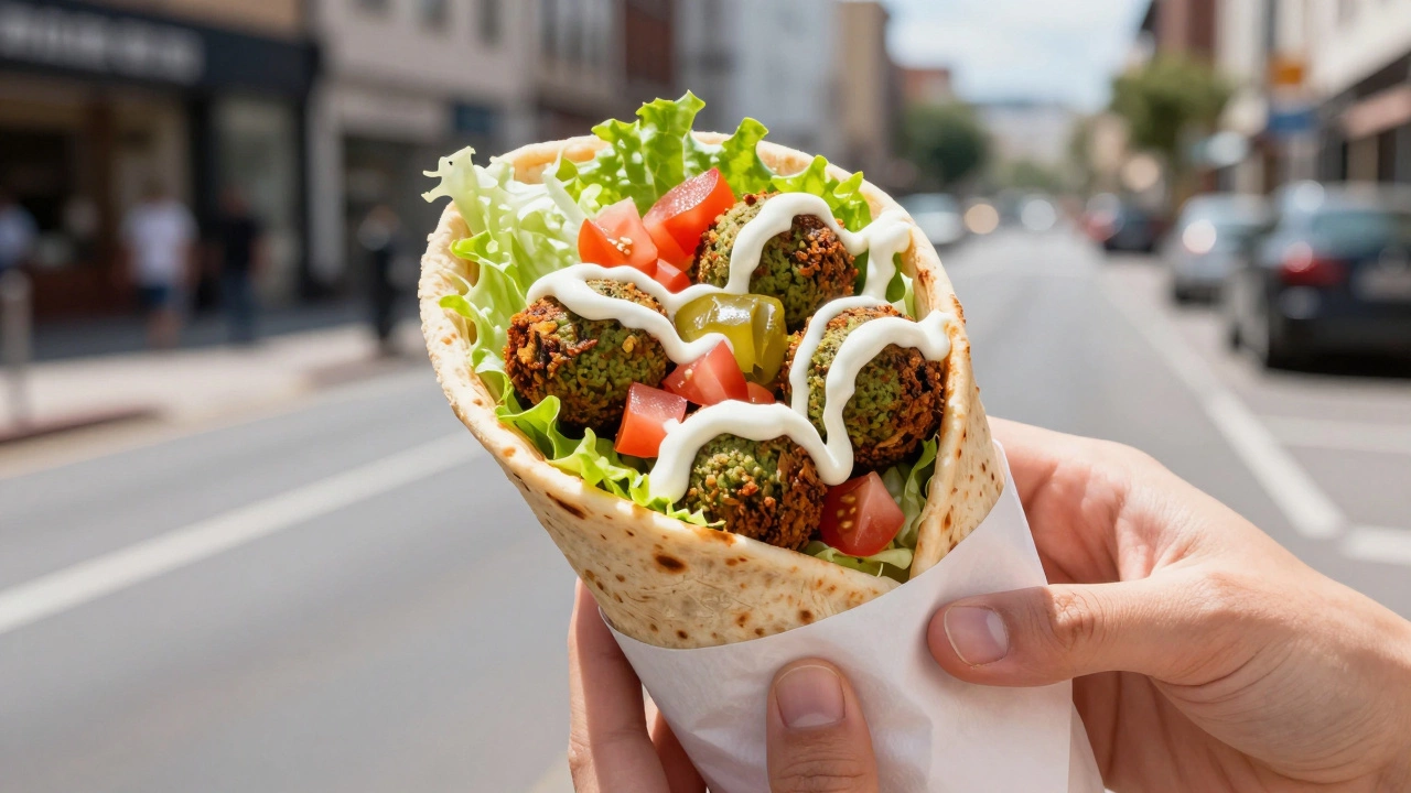 Fresh falafel wrap with crispy chickpea balls, vegetables, and tahini sauce.