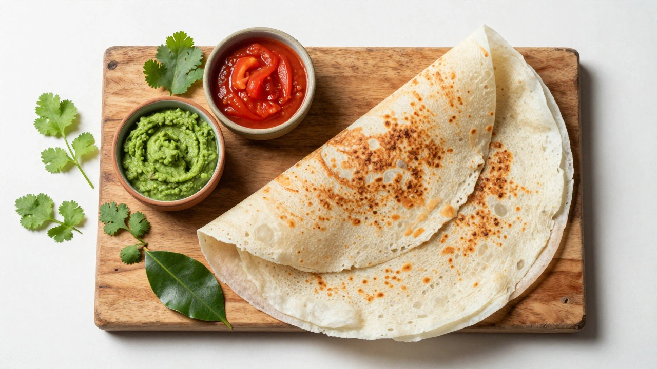Freshly cooked dosas served with green and red chutneys on a wooden board