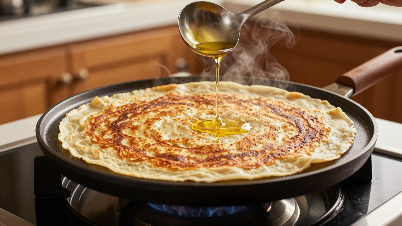 Golden crispy dosa cooking on a hot griddle with oil being drizzled