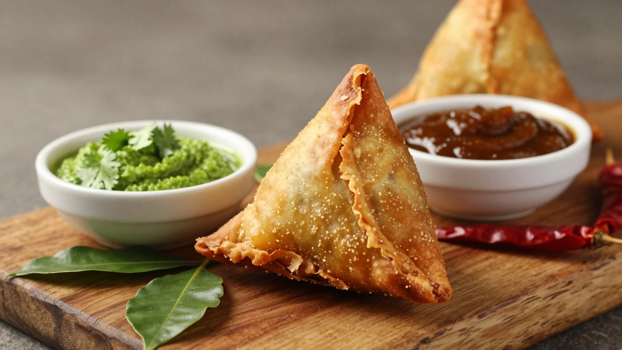Golden fried samosa with green and red chutney dips