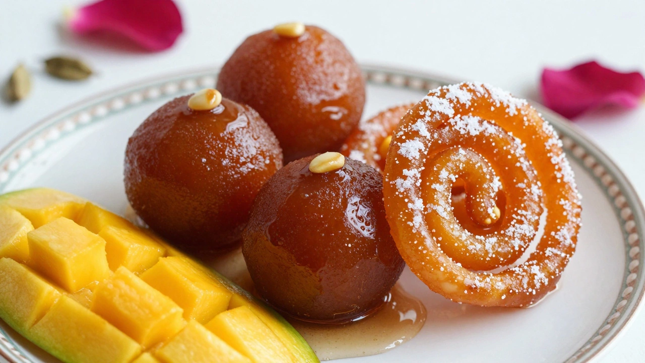 Gulab jamun and jalebi sweets in sugar syrup