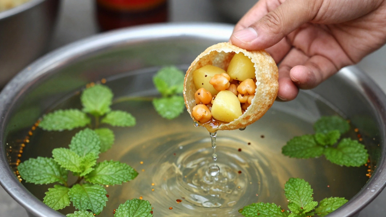Hand holding pani puri shell over spiced mint water