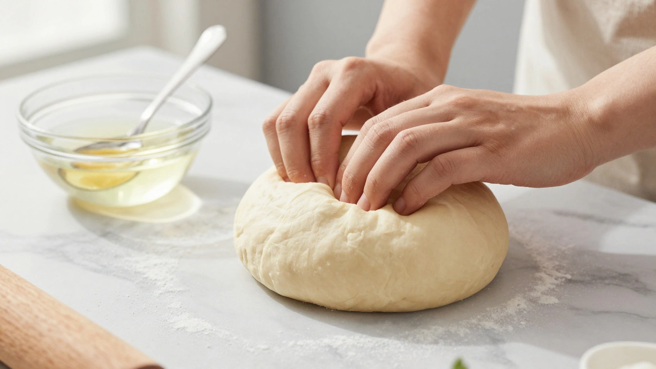 Hands kneading smooth dough with water and oil nearby