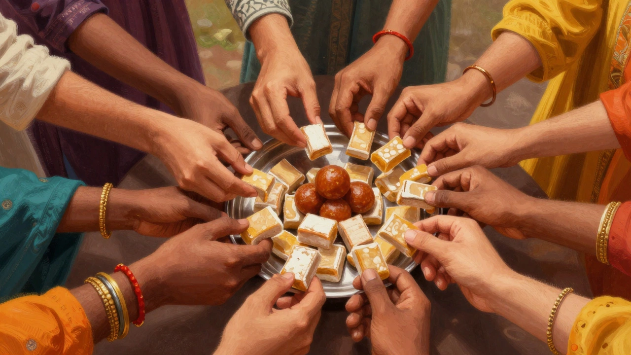 Hands sharing traditional Indian sweets like Barfi and Laddus from a platter