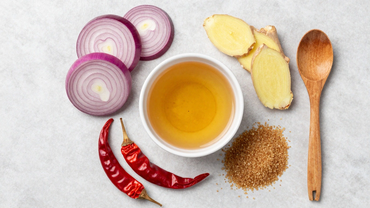 Ingredients for onion chutney arranged around a bowl of apple cider vinegar