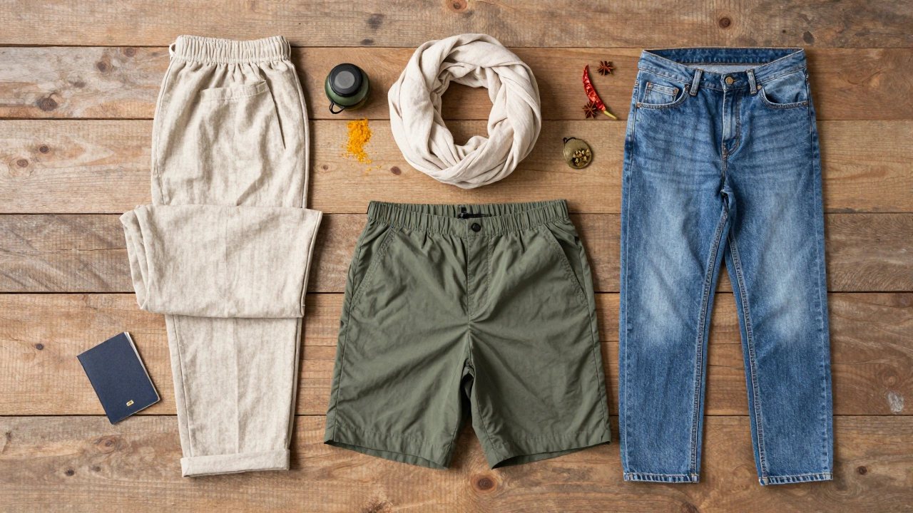 Packing guide flat lay showing linen pants, shorts, scarf, and one pair of jeans.