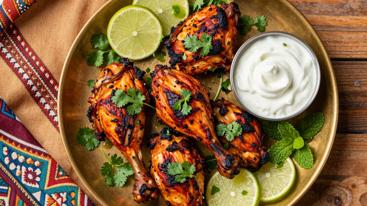 Plated tandoori chicken garnished with cilantro, lime, and yogurt
