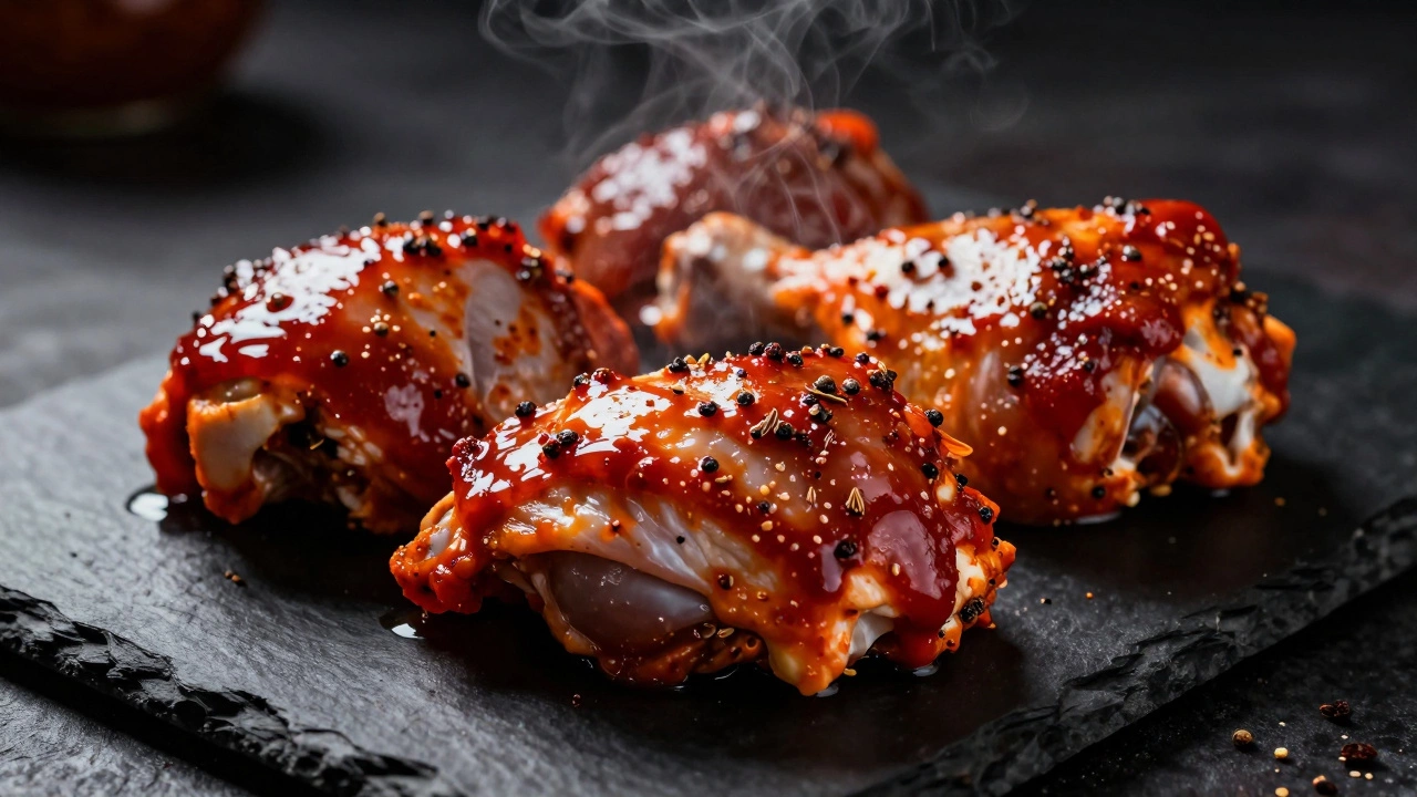 Raw chicken thighs coated in thick red tandoori marinade on slate