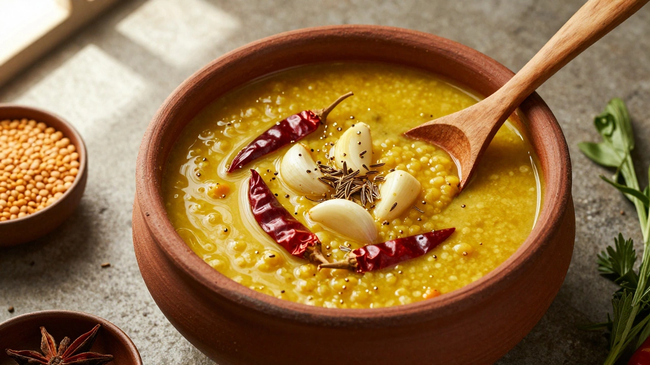 Rustic clay pot of Dal Tadka lentil stew topped with tempered spices and oil.