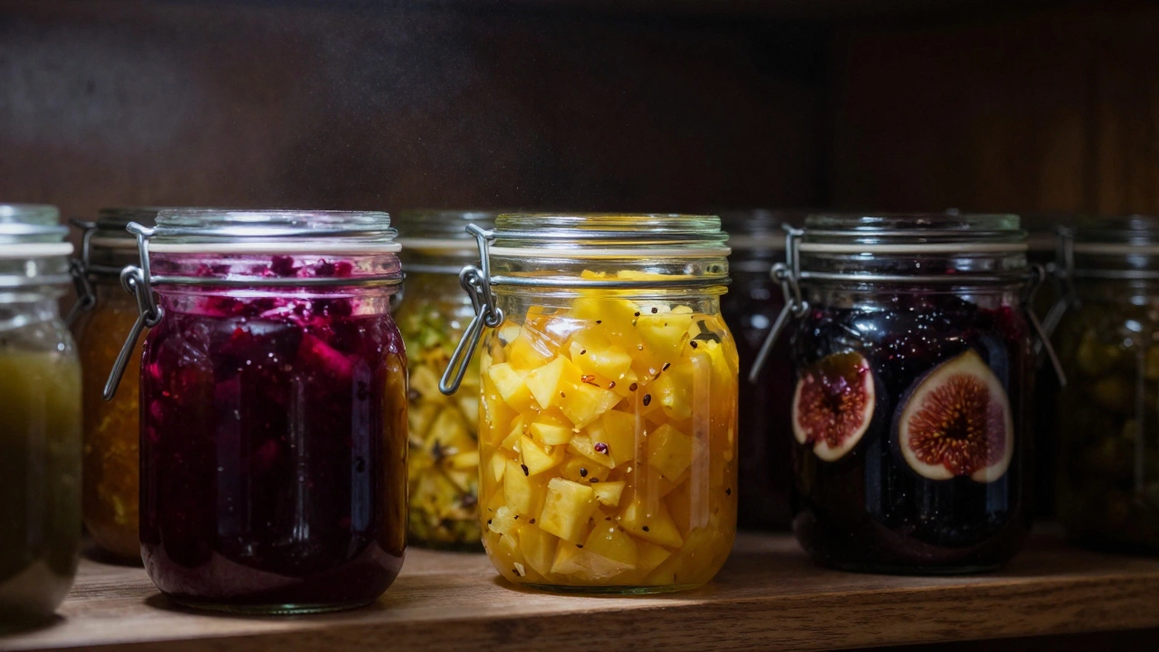 Sealed jars of colorful homemade chutneys on a dark pantry shelf