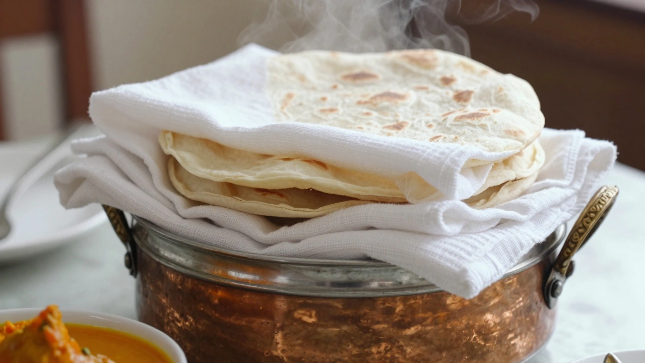 Stack of hot rotis wrapped in cotton cloth in a container